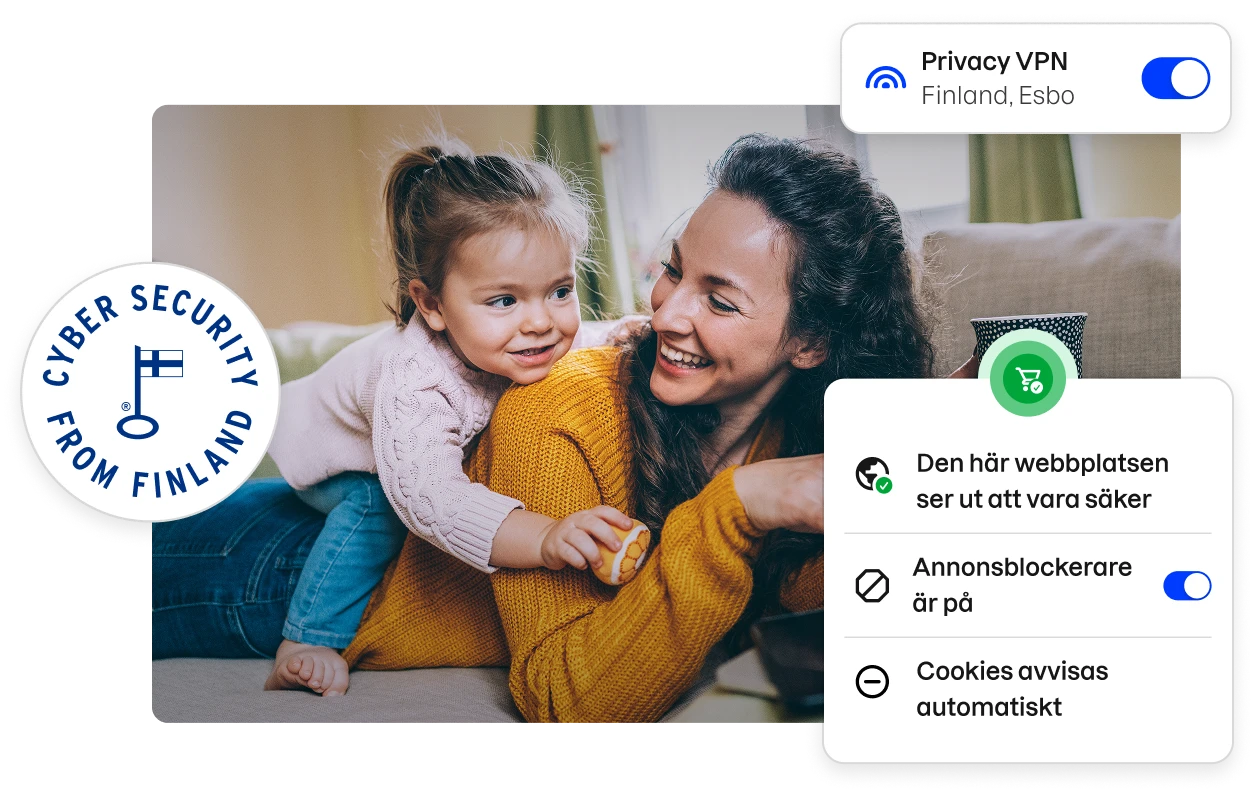 Ett ”Cyber security from Finland”-märke och fragment av Total-appens användargränssnitt med ett arkivfoto av en mor och en dotter som ler.