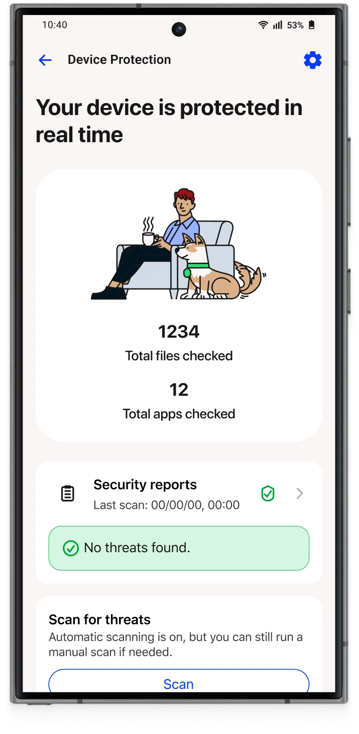 The “Device Protection” view of the Total UI on a phone screen, saying “Your device is protected in real time” and “No threats found.”